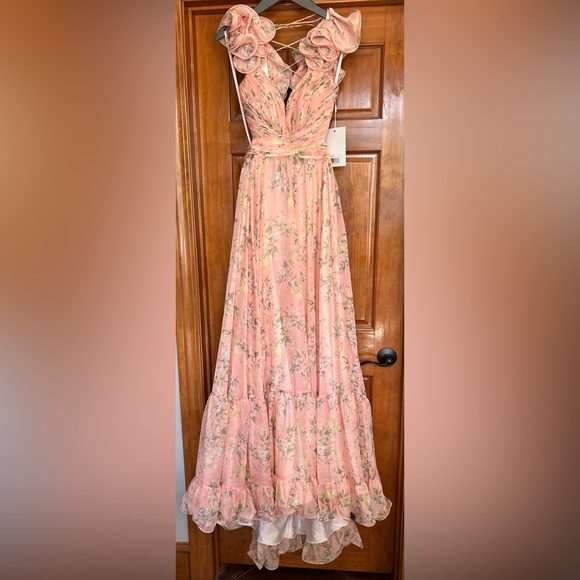 NWT Mac Duggal Spring Preview Tiered Ruffle Floral Cut-Out Chiffon | Pink/Mult - Picture 5 of 9